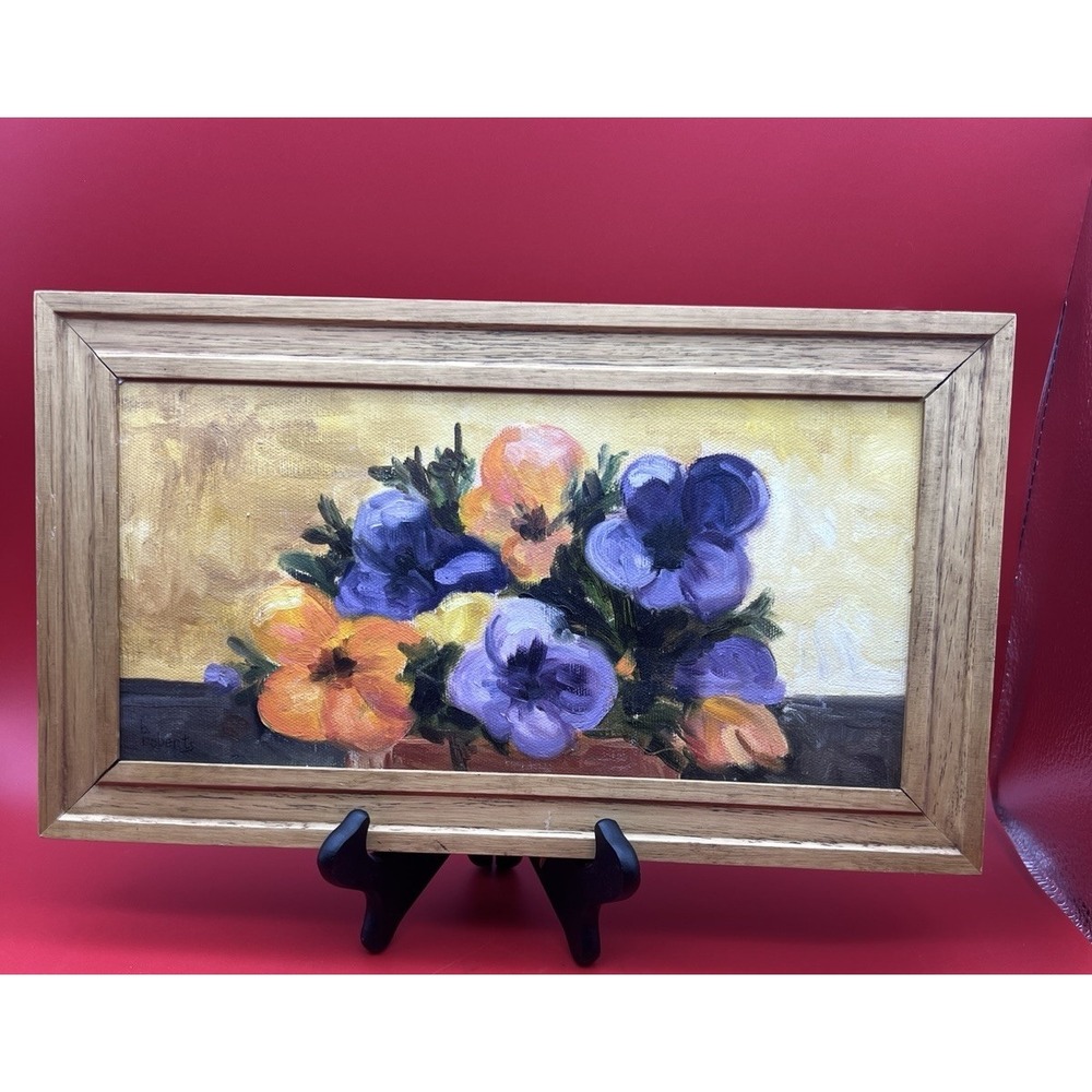 Vintage Flowers In Vase Acrylic Painting On Canvas 14"x 8" Framed